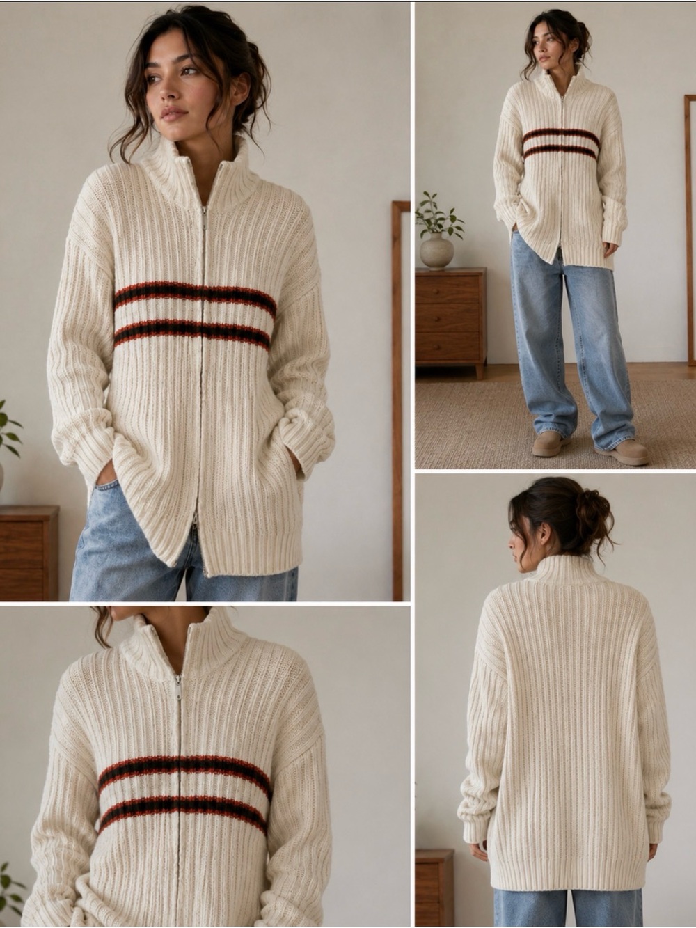 VINTAGE HAND KNIT Cream Ribbed Full-Zip Turtleneck Sweater with Stripes